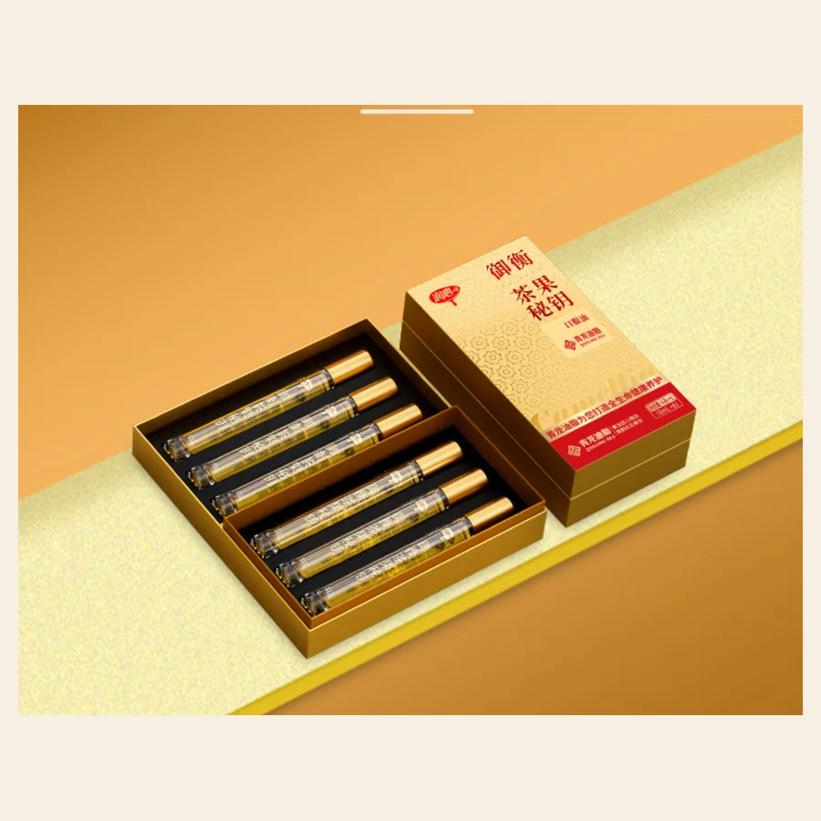 Presentation box containing six portable tea-oil tubes